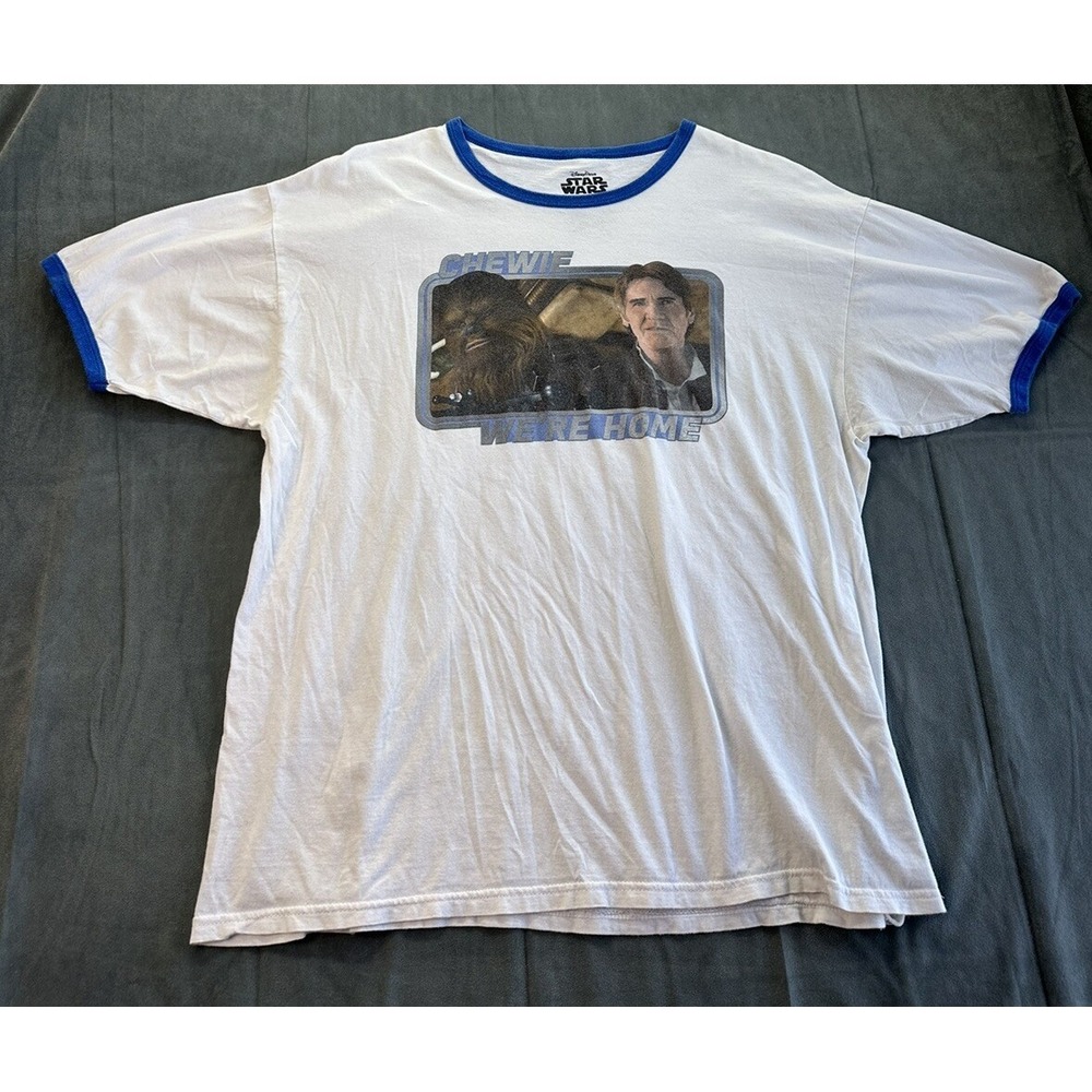 Star Wars Ringer TShirt Mens XL Disney Chewie We're Home Han Solo Faded STAINS